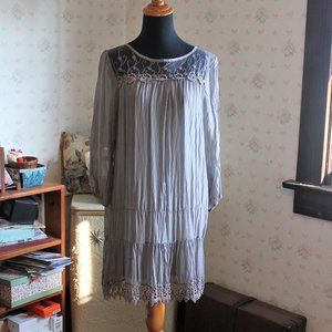 Prontomoda Giusy Taupe Silk Mini Dress/Tunic, Tiered, Crochet Trim, Small